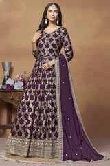 Wine Silk Embroidered Full Sleeve V Neck Anarkali Salwar Kameez