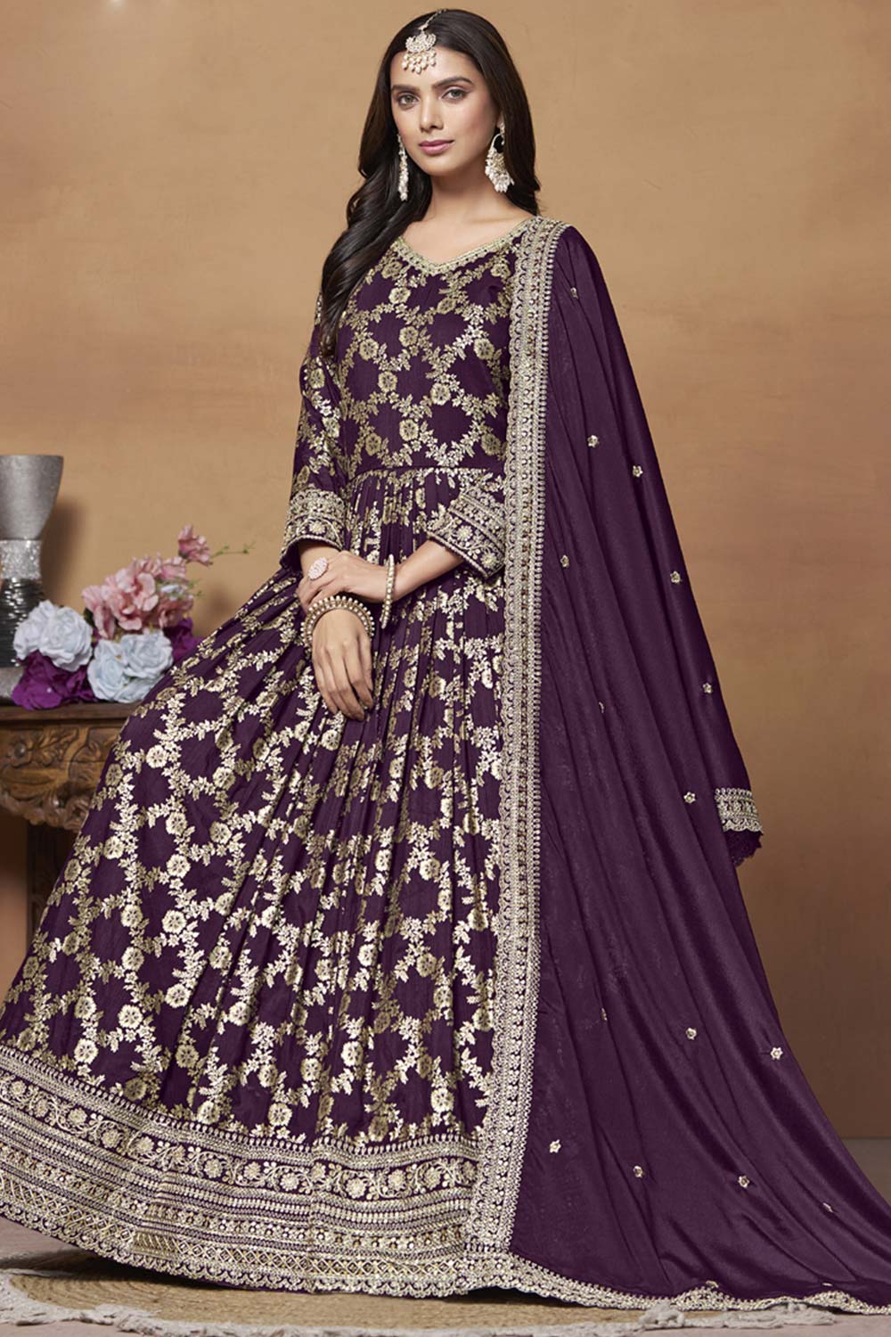 Wine Silk Embroidered Full Sleeve V Neck Anarkali Salwar Kameez