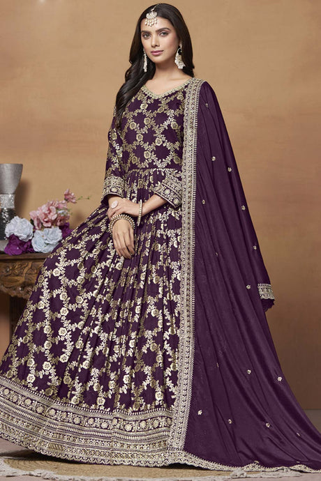 Wine Silk Embroidered Full Sleeve V Neck Anarkali Suit