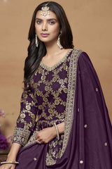 Wine Silk Embroidered Full Sleeve V Neck Anarkali Salwar Kameez