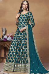 Teal Silk Embroidered Full Sleeve V Neck Anarkali Suit