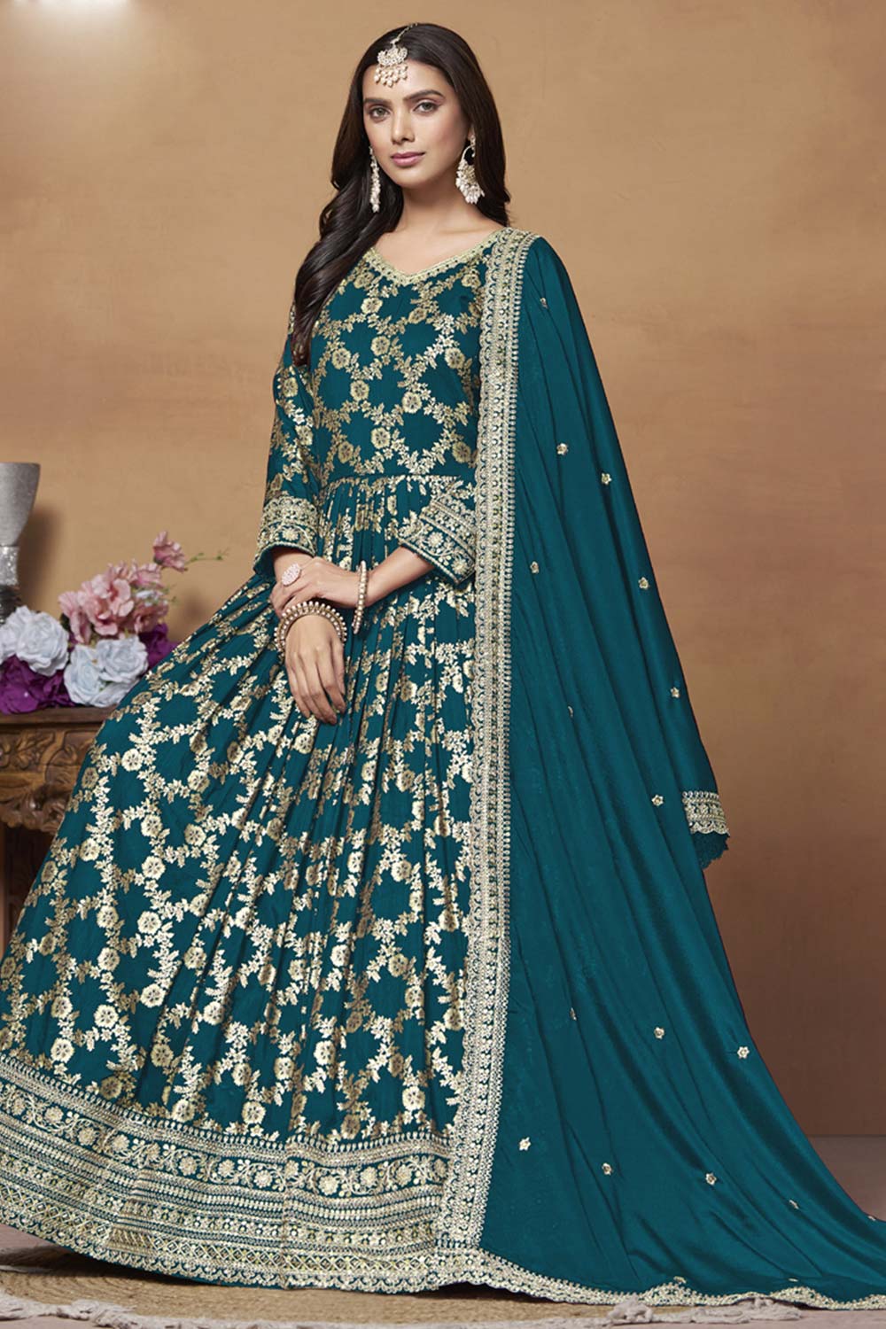 Teal Silk Embroidered Full Sleeve V Neck Anarkali Salwar Kameez