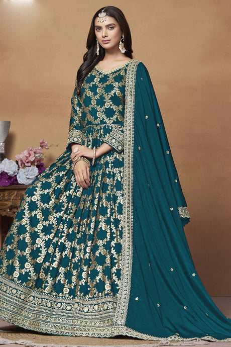 Teal Silk Embroidered Full Sleeve V Neck Anarkali Suit