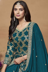 Teal Silk Embroidered Full Sleeve V Neck Anarkali Salwar Kameez