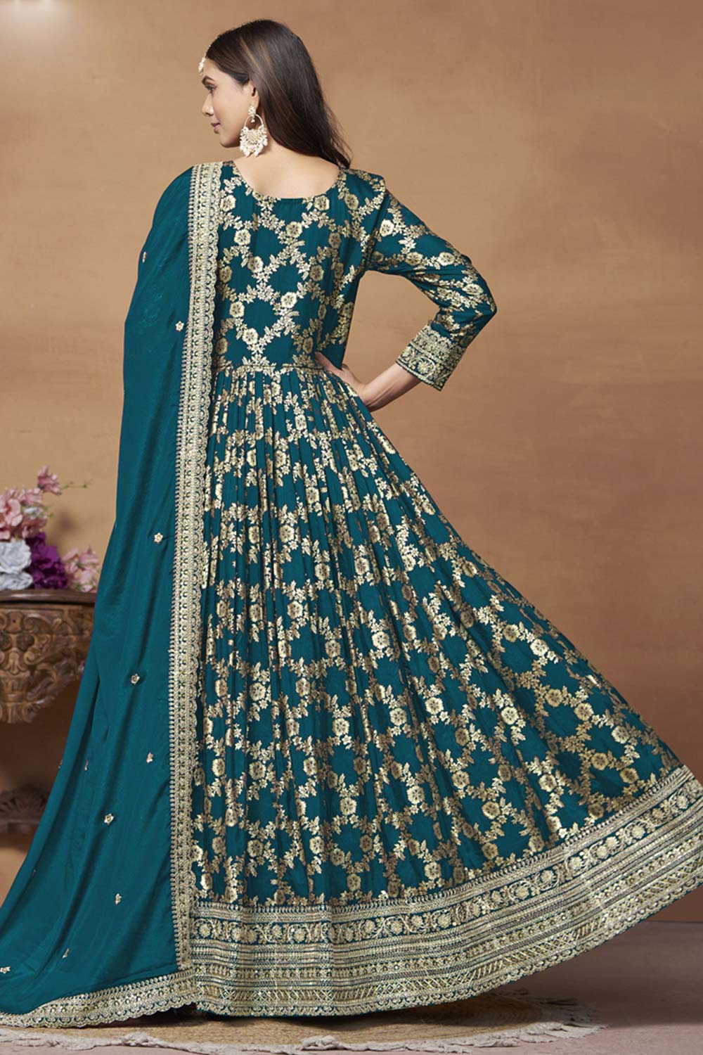 Teal Silk Embroidered Full Sleeve V Neck Anarkali Salwar Kameez