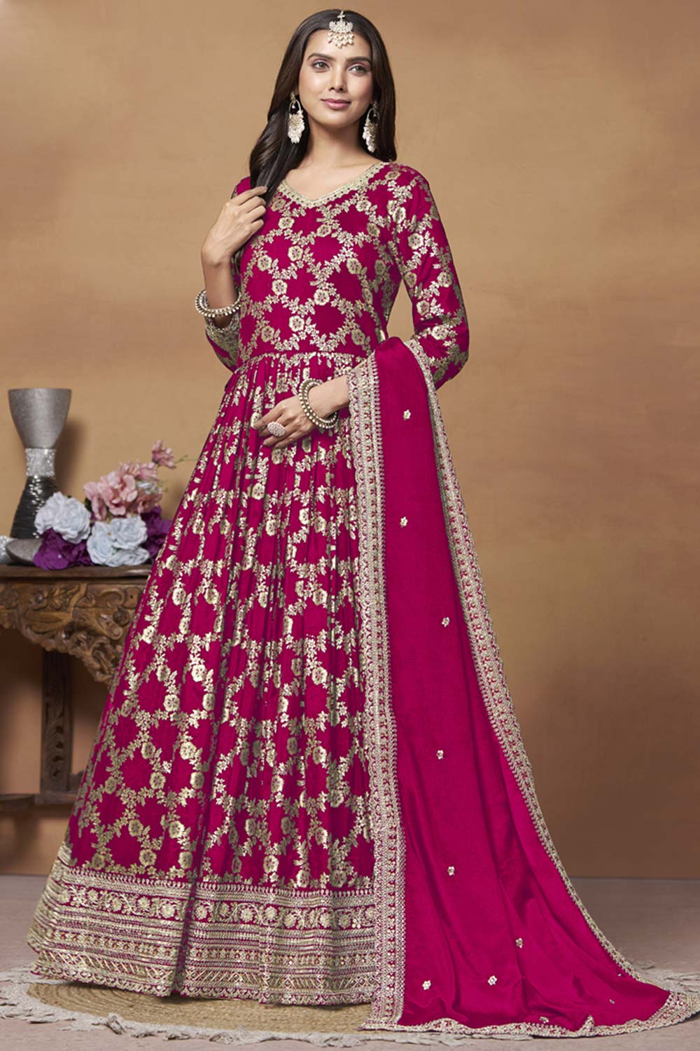 Rani-Pink Silk Embroidered Full Sleeve V Neck Anarkali Salwar Kameez