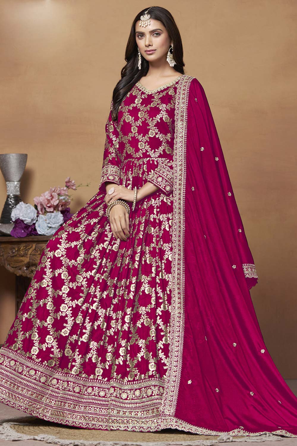 Rani-Pink Silk Embroidered Full Sleeve V Neck Anarkali Salwar Kameez