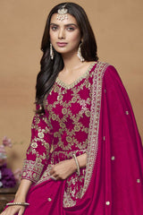 Rani-Pink Silk Embroidered Full Sleeve V Neck Anarkali Suit