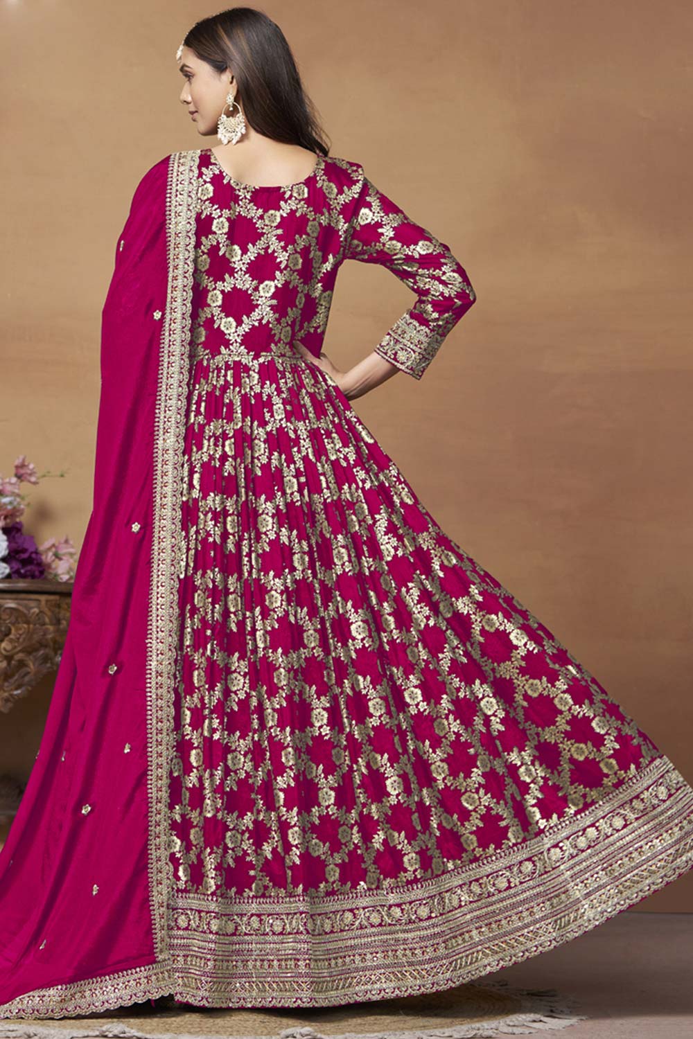 Rani-Pink Silk Embroidered Full Sleeve V Neck Anarkali Suit