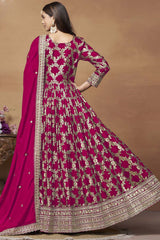 Rani-Pink Silk Embroidered Full Sleeve V Neck Anarkali Salwar Kameez