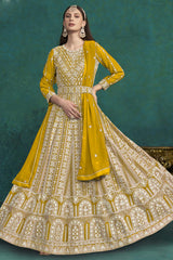 Yellow Georgette Embroidered Full Sleeve Round Neck Anarkali Suit