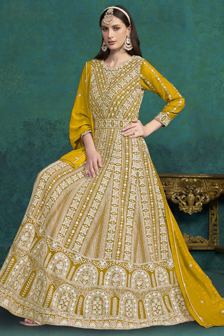 Yellow Georgette Embroidered Full Sleeve Round Neck Anarkali Suit