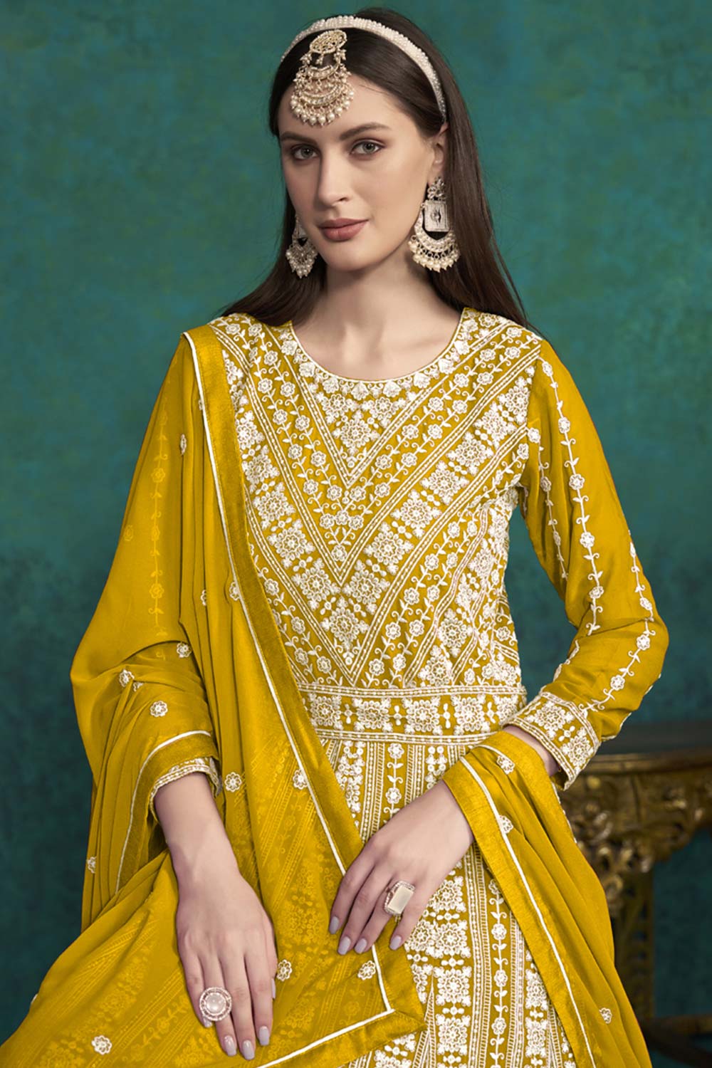 Yellow Georgette Embroidered Full Sleeve Round Neck Anarkali Salwar Kameez