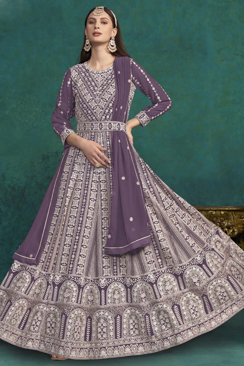 Violet Georgette Embroidered Full Sleeve Round Neck Anarkali Suit