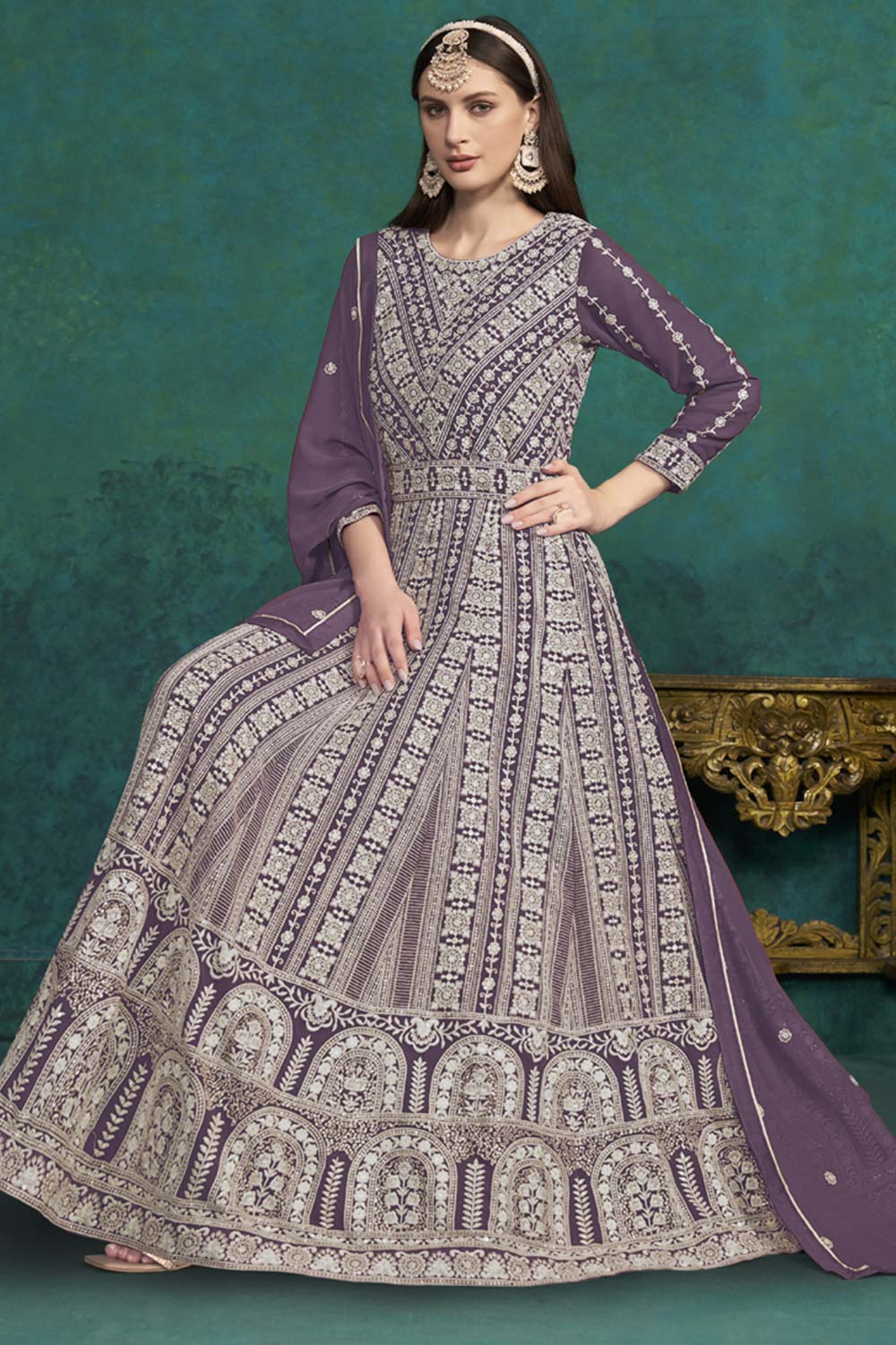 Violet Georgette Embroidered Full Sleeve Round Neck Anarkali Suit