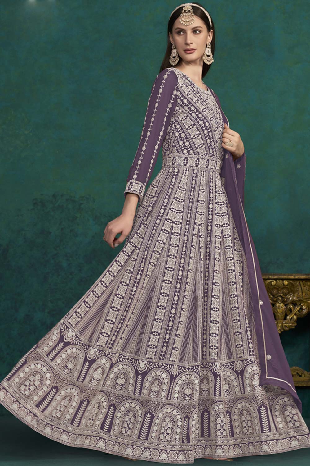 Violet Georgette Embroidered Full Sleeve Round Neck Anarkali Salwar Kameez