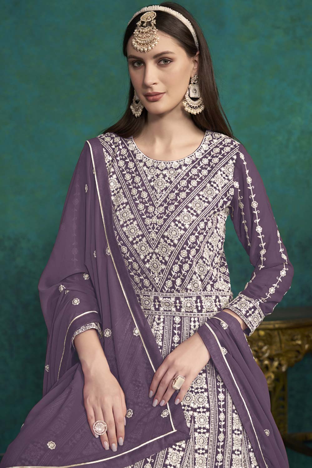 Violet Georgette Embroidered Full Sleeve Round Neck Anarkali Salwar Kameez