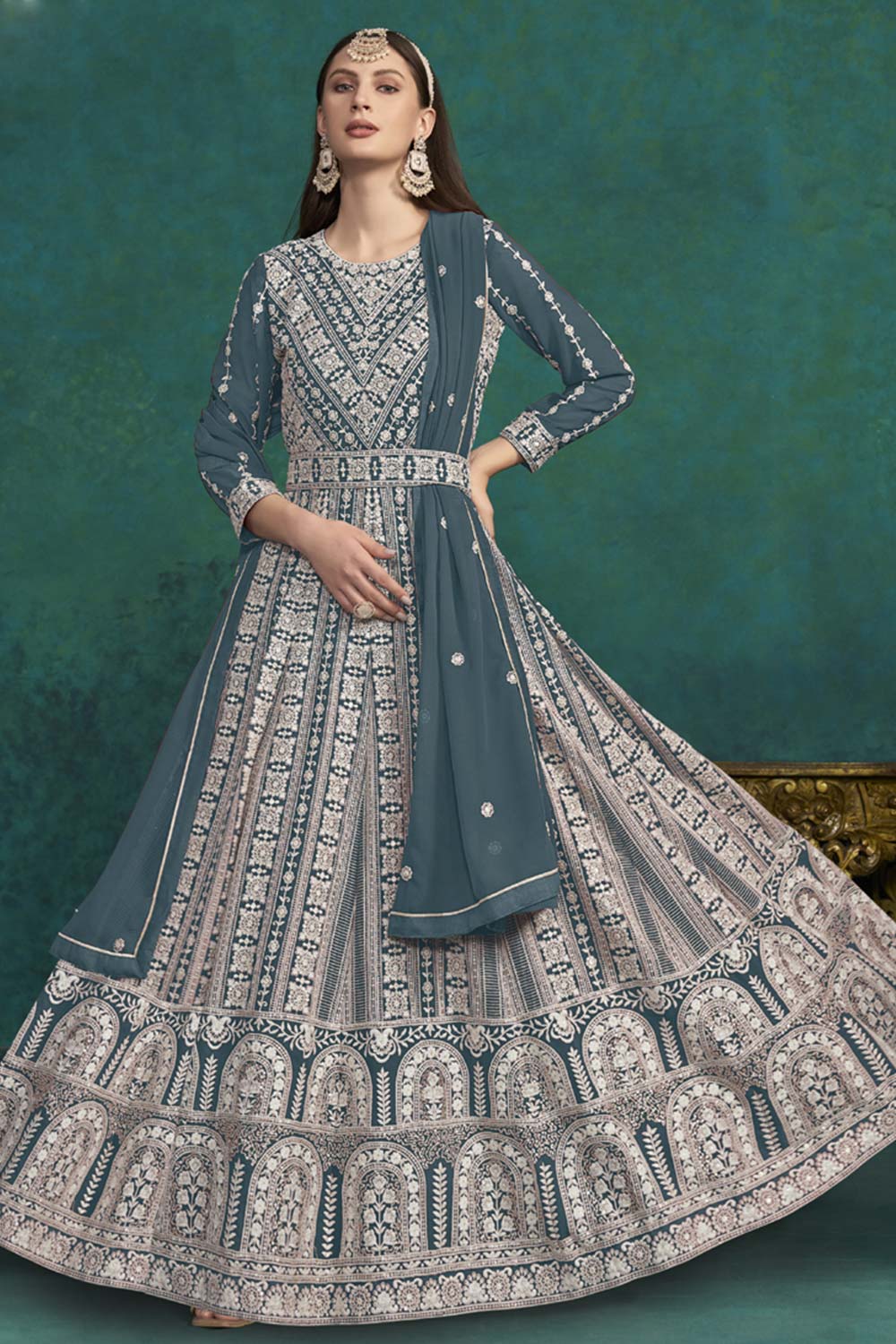 Grey Georgette Embroidered Full Sleeve Round Neck Anarkali Salwar Kameez