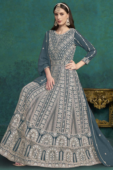 Grey Georgette Embroidered Full Sleeve Round Neck Anarkali Salwar Kameez