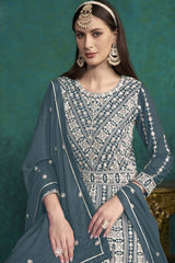 Grey Georgette Embroidered Full Sleeve Round Neck Anarkali Salwar Kameez