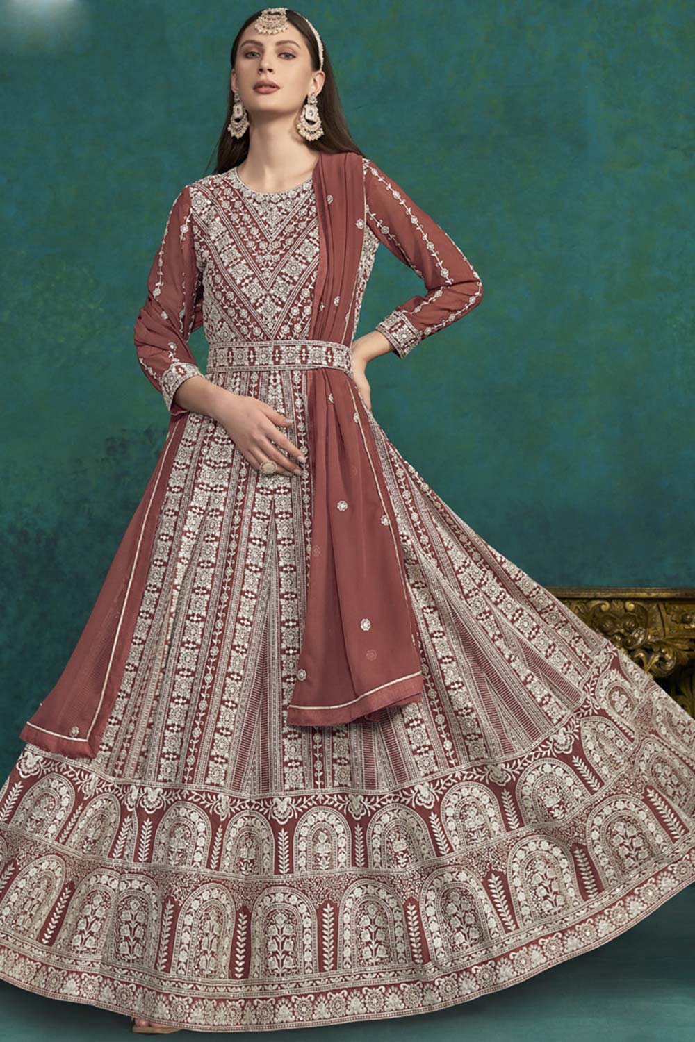 Brown Georgette Embroidered Full Sleeve Round Neck Anarkali Suit