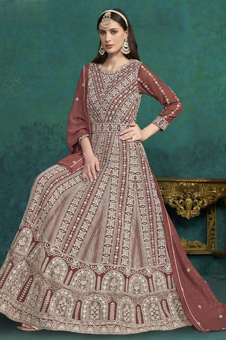 Brown Georgette Embroidered Full Sleeve Round Neck Anarkali Suit