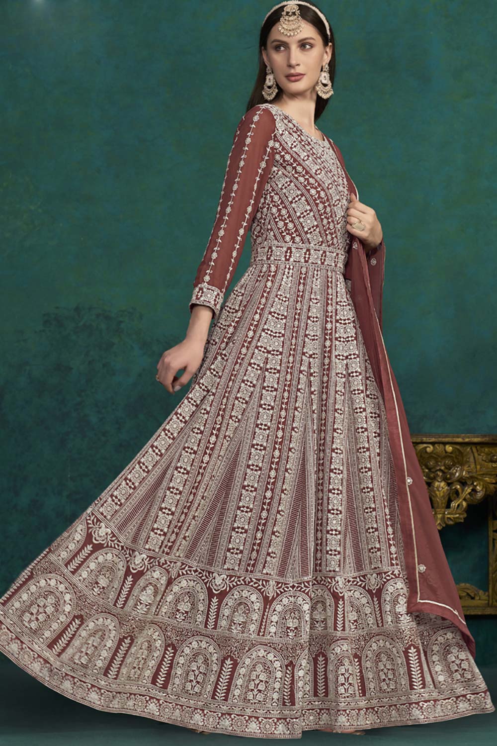 Brown Georgette Embroidered Full Sleeve Round Neck Anarkali Salwar Kameez