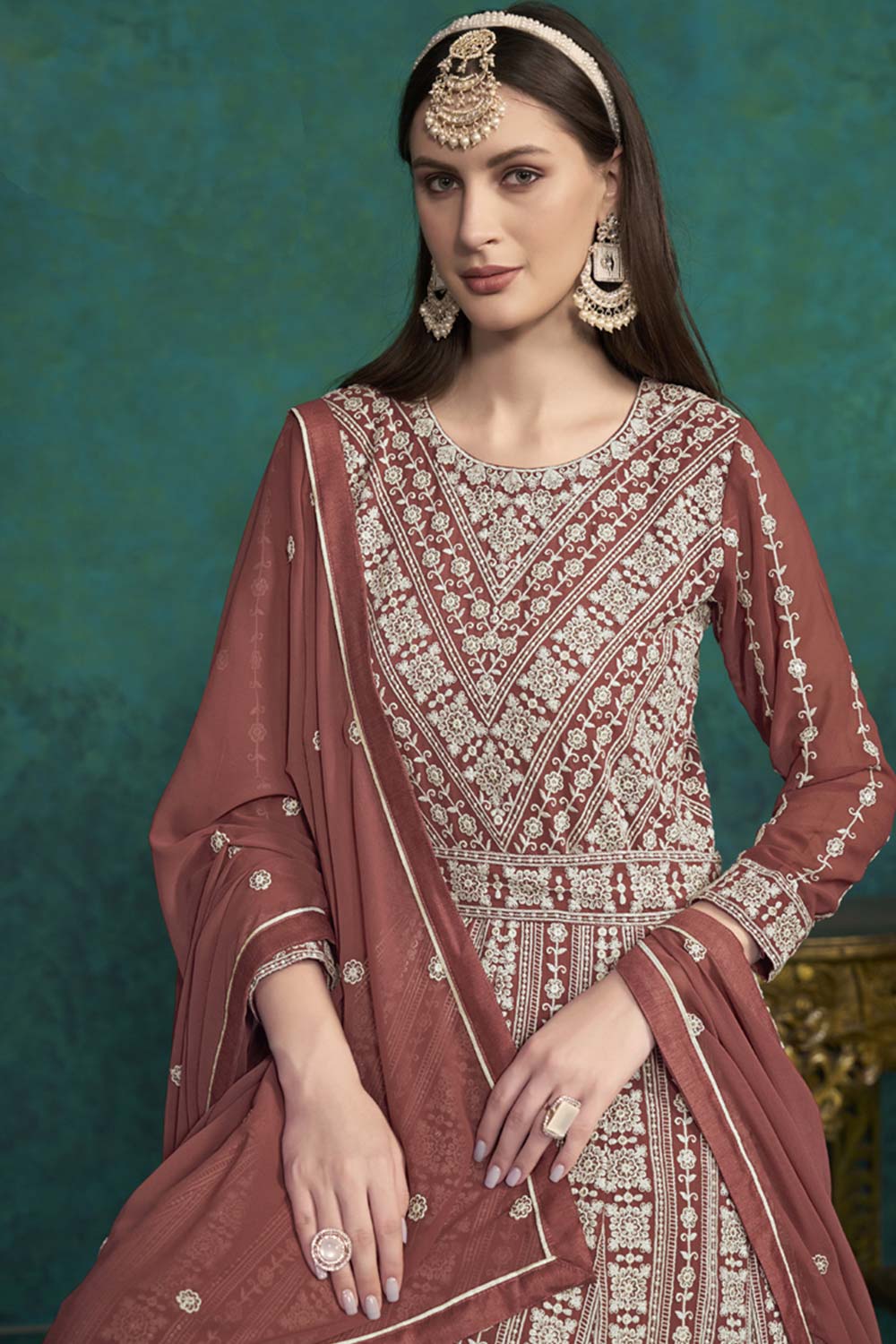 Brown Georgette Embroidered Full Sleeve Round Neck Anarkali Salwar Kameez