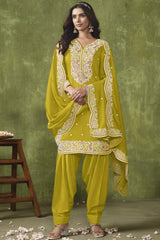 Yellow Silk Embroidered Full Sleeve V Neck Salwar Kameez