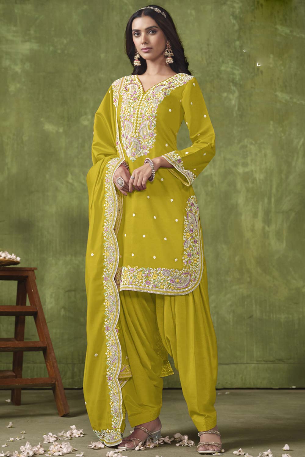 Yellow Silk Embroidered Full Sleeve V Neck Salwar Kameez