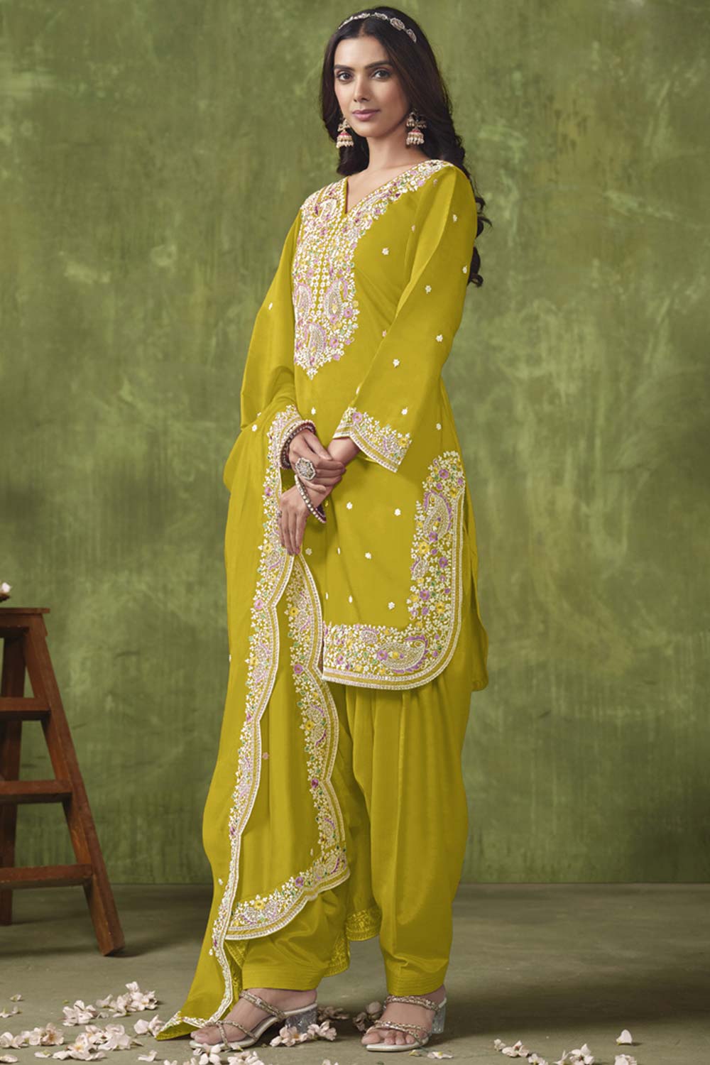 Yellow Silk Embroidered Full Sleeve V Neck Salwar Kameez