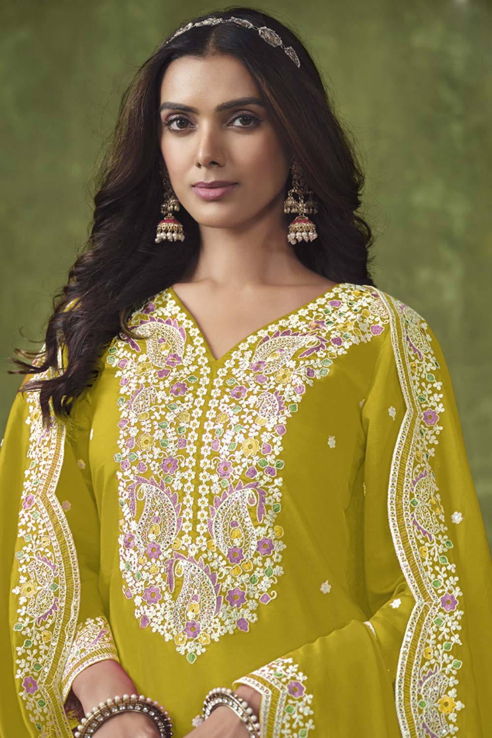 Yellow Silk Embroidered Full Sleeve V Neck Salwar Kameez