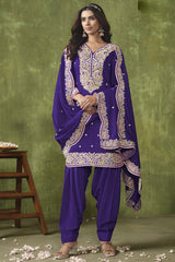 Purple Silk Embroidered Full Sleeve V Neck Salwar Kameez