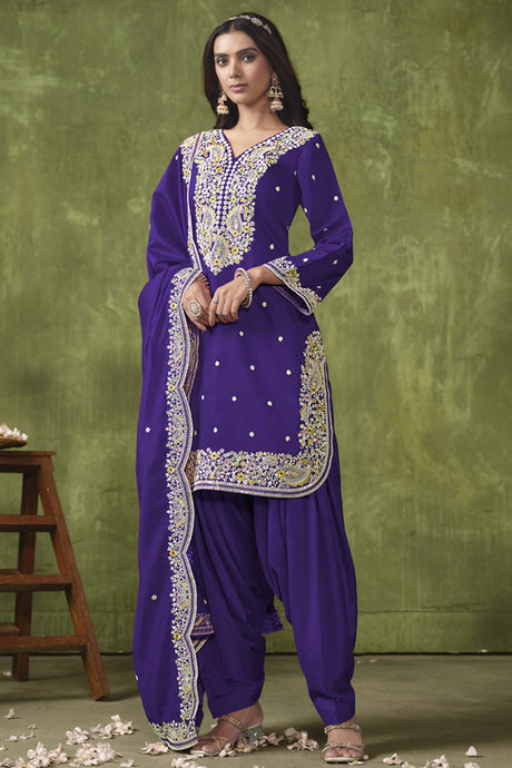 Purple Silk Embroidered Full Sleeve V Neck Salwar Kameez