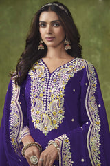 Purple Silk Embroidered Full Sleeve V Neck Salwar Kameez