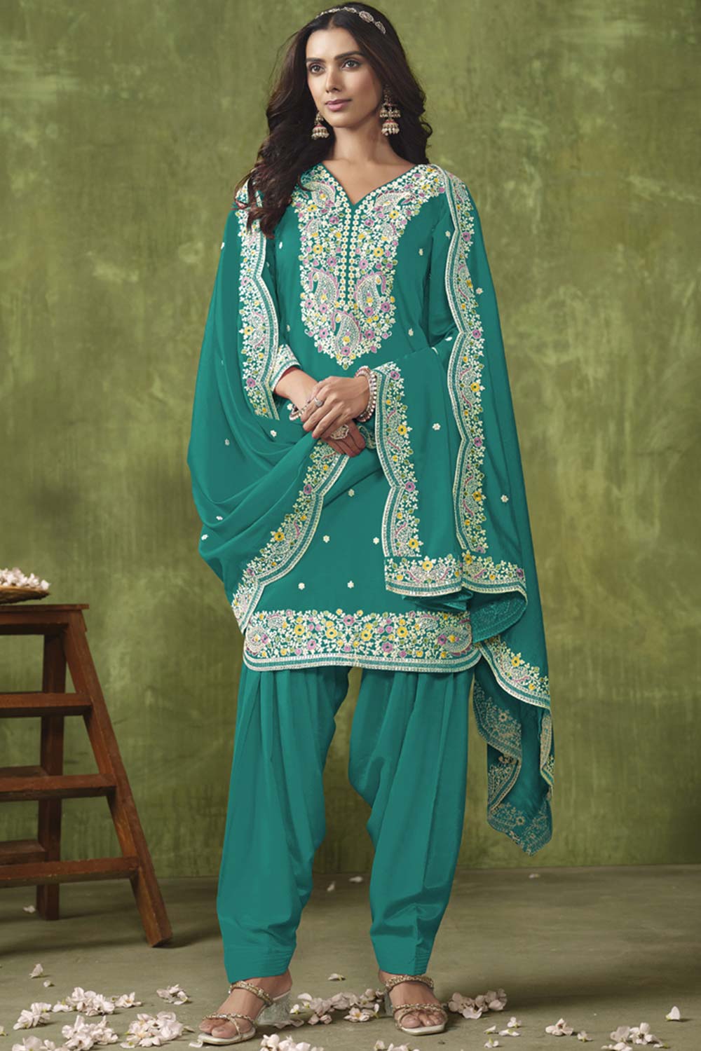 Turquoise Silk Embroidered Full Sleeve V Neck Salwar Kameez