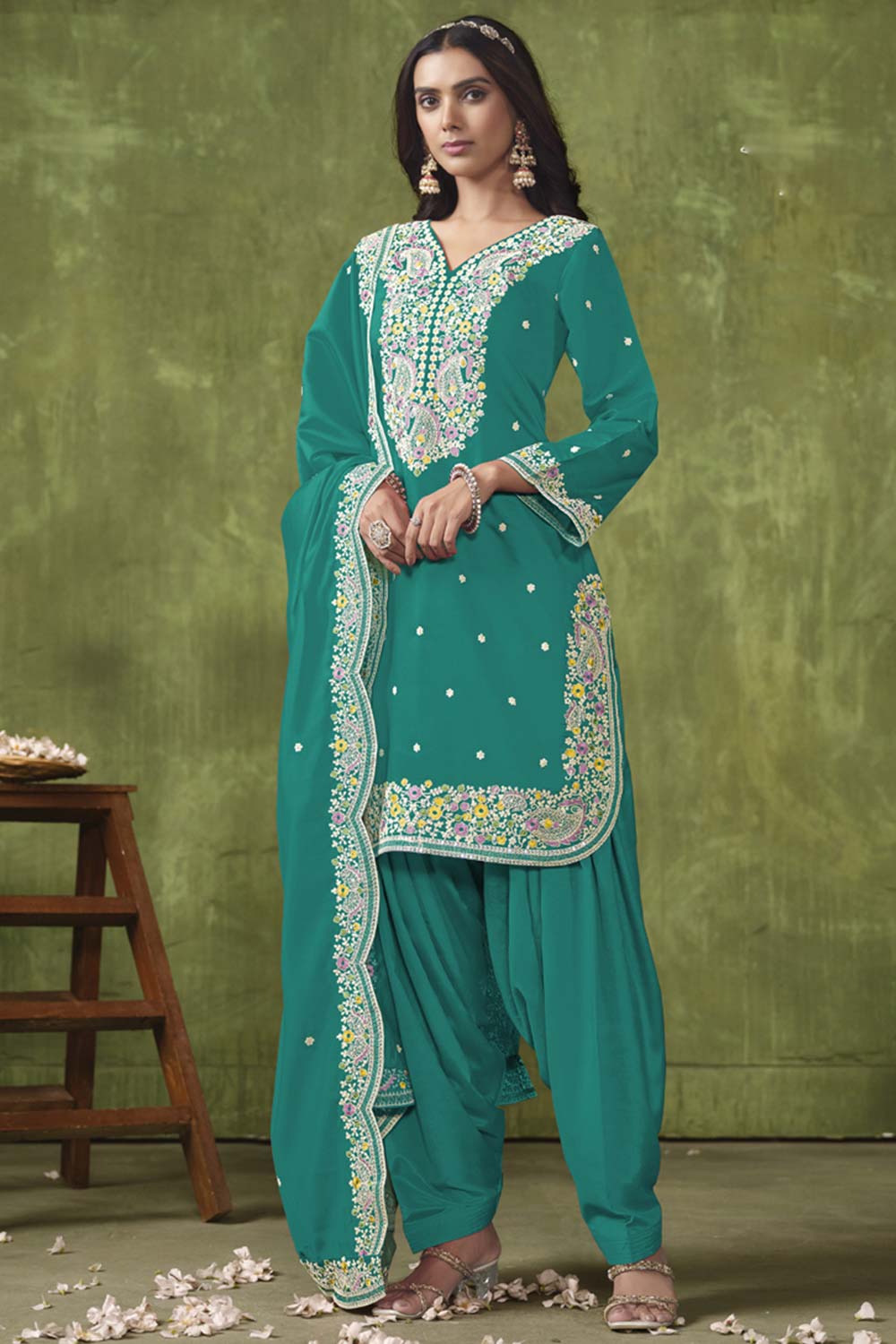 Turquoise Silk Embroidered Full Sleeve V Neck Salwar Kameez