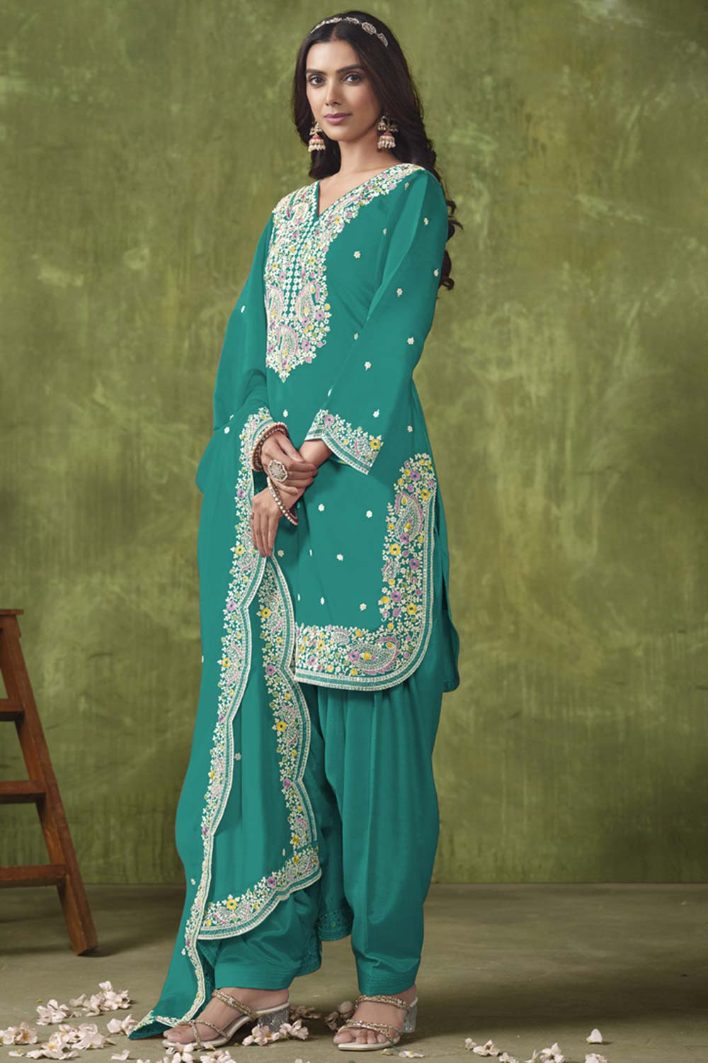 Turquoise Silk Embroidered Full Sleeve V Neck Salwar Kameez