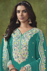 Turquoise Silk Embroidered Full Sleeve V Neck Salwar Kameez