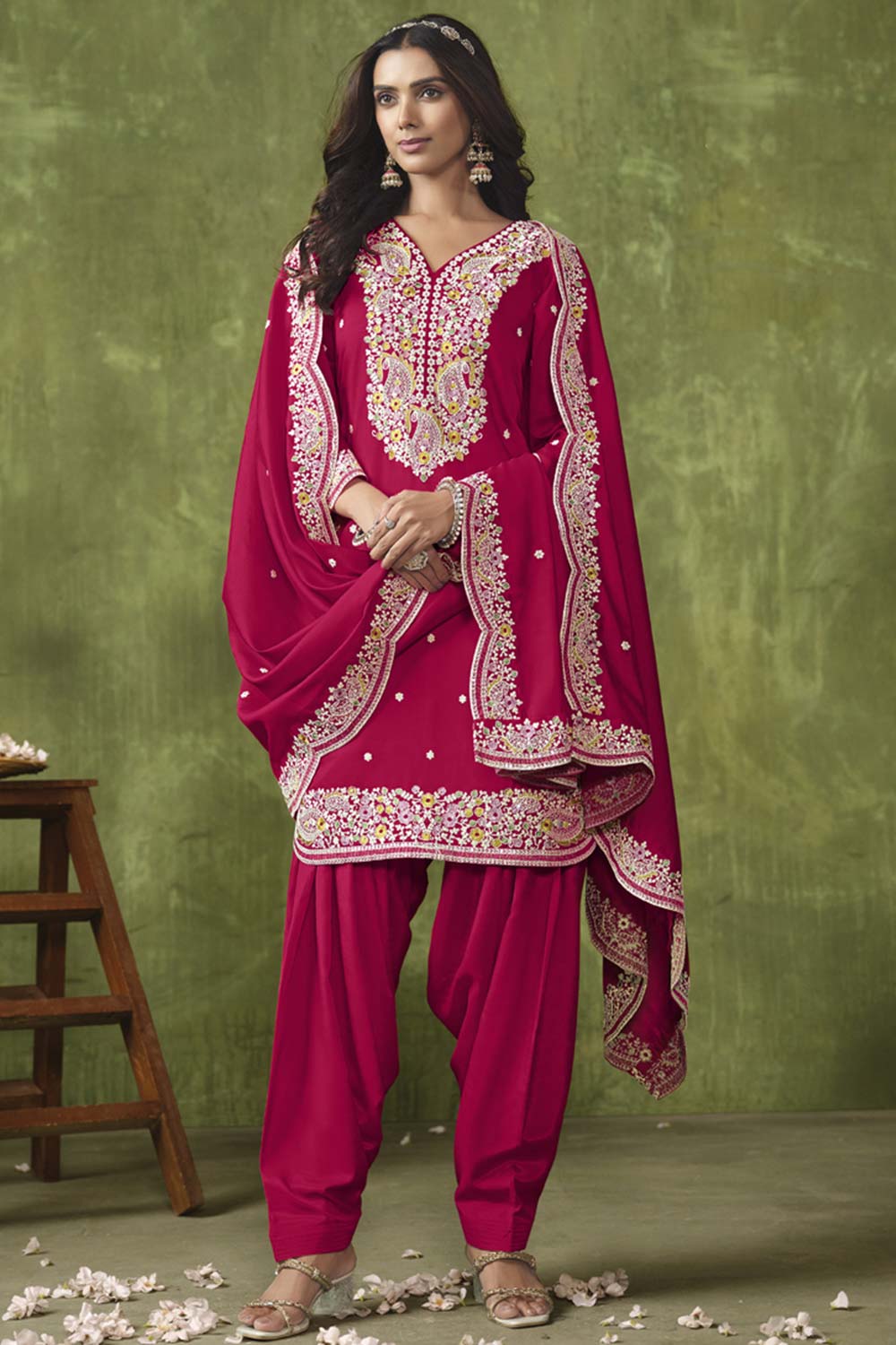 Rani-Pink Silk Embroidered Full Sleeve V Neck Salwar Kameez