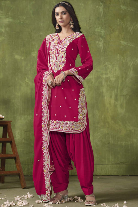 Rani-Pink Silk Embroidered Full Sleeve V Neck Salwar Kameez