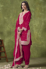 Rani-Pink Silk Embroidered Full Sleeve V Neck Salwar Kameez