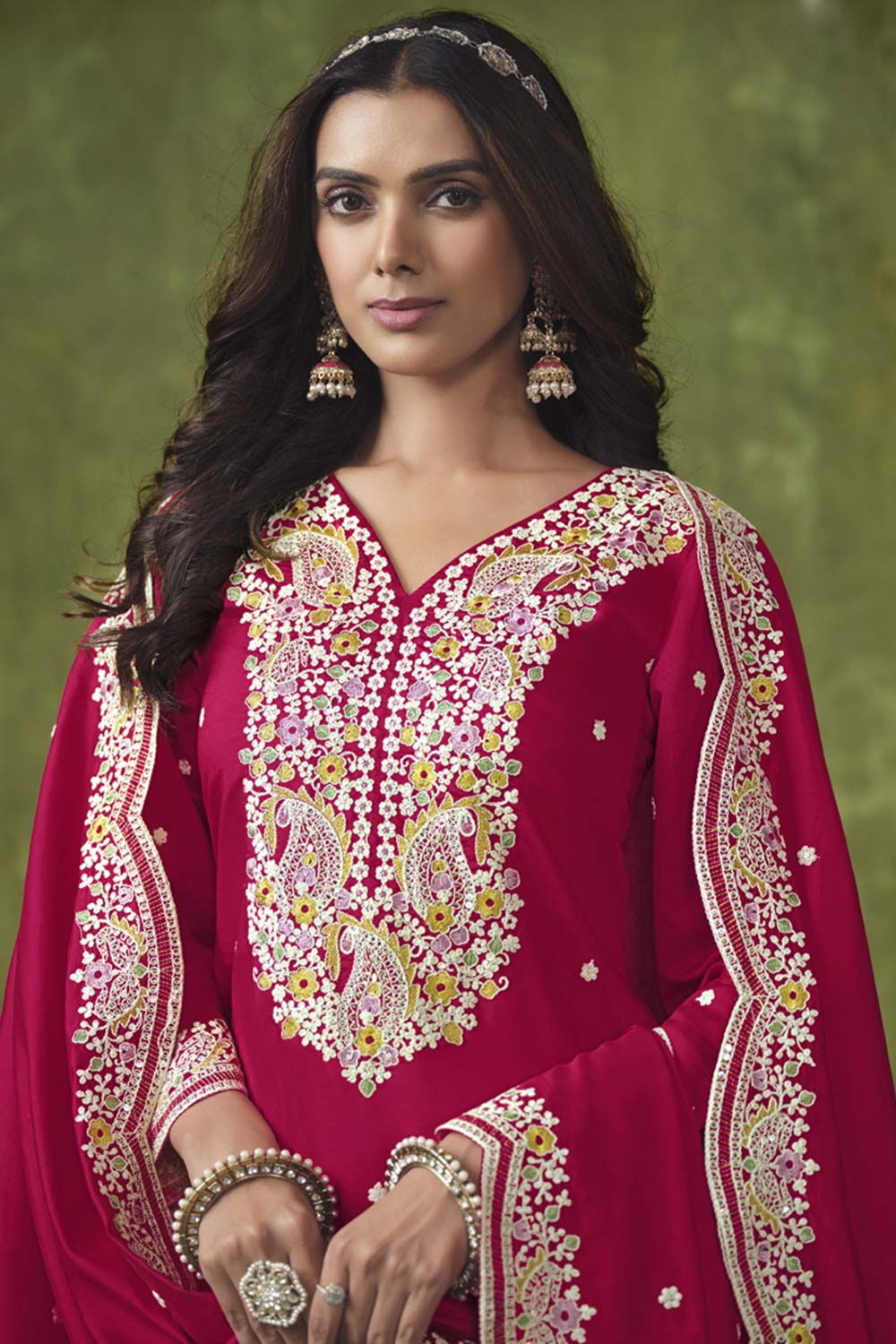 Rani-Pink Silk Embroidered Full Sleeve V Neck Salwar Kameez