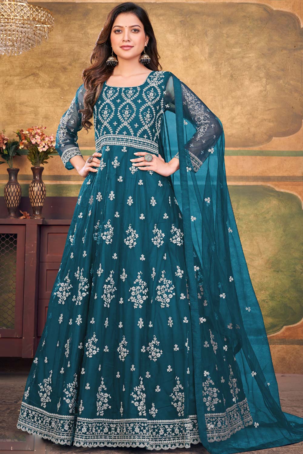 Aqua Blue Net Embroidery Anarkali Suit