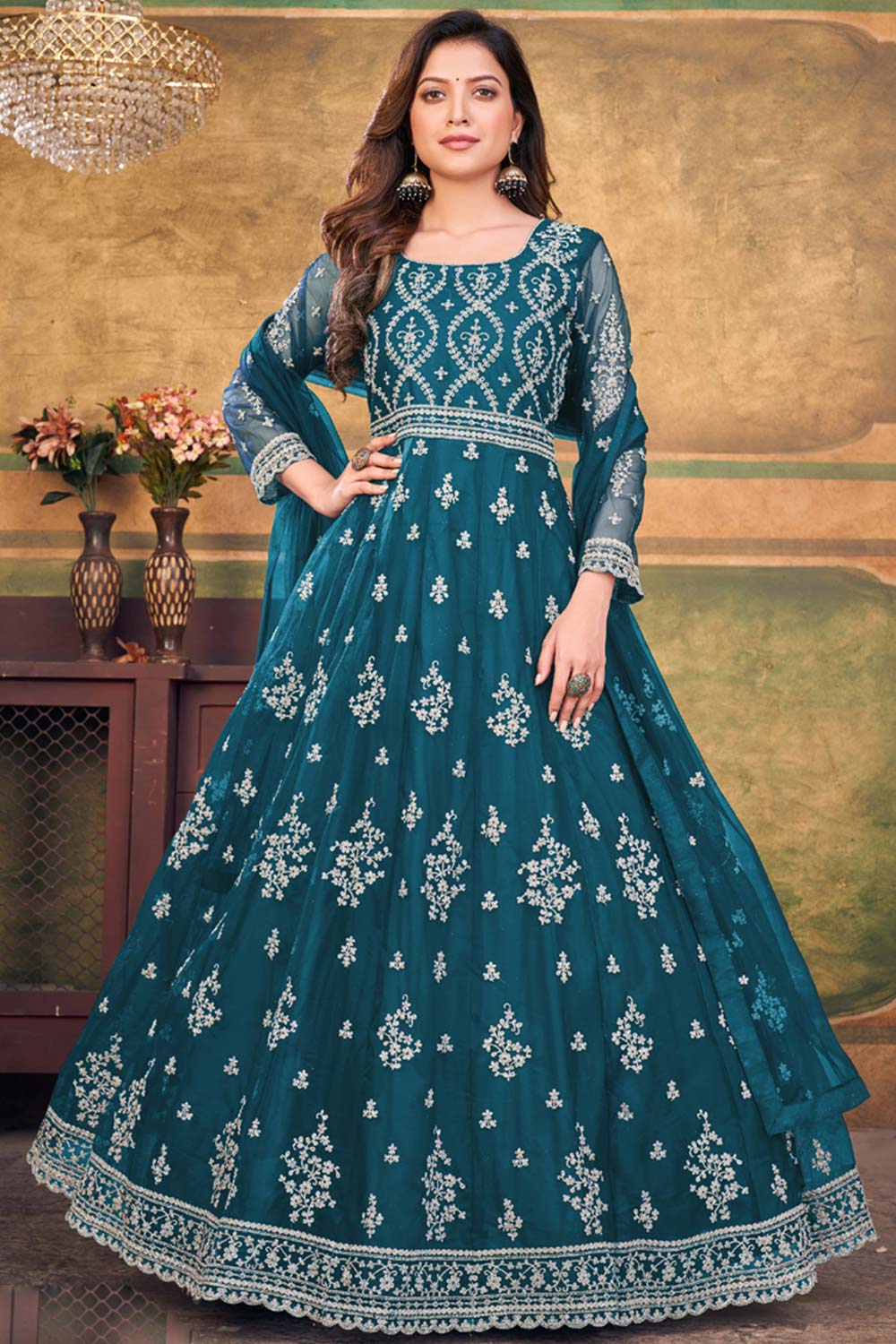 Aqua Blue Net Embroidery Anarkali Suit