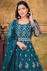 Aqua Blue Net Embroidery Anarkali Suit