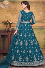 Aqua Blue Net Embroidery Anarkali Suit