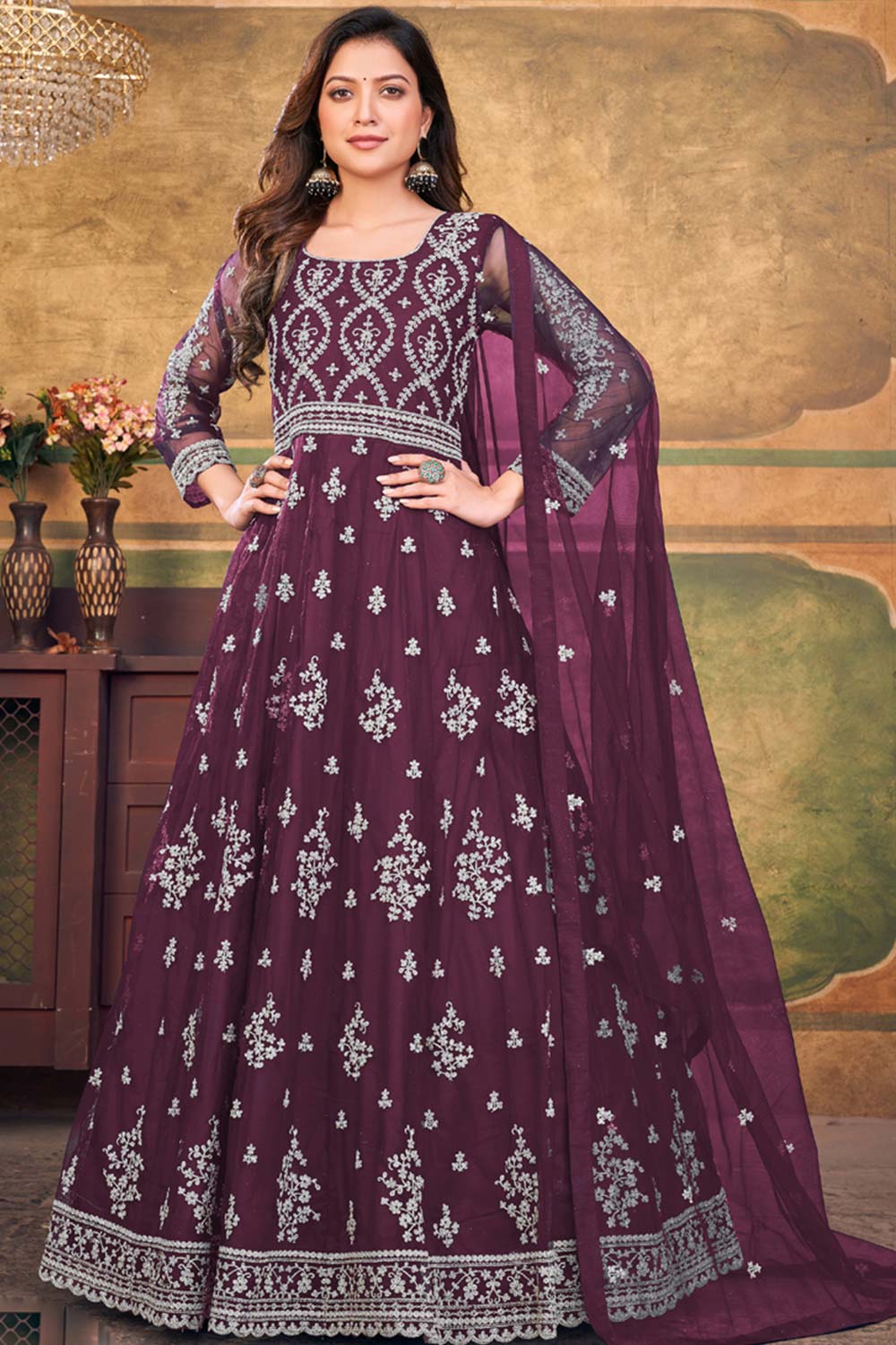 Wine Net Embroidery Anarkali Suit