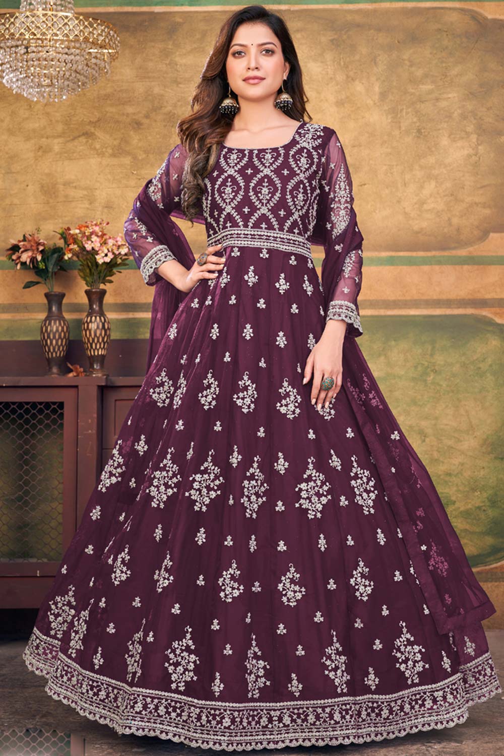 Wine Net Embroidery Anarkali Suit