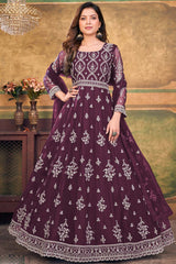 Wine Net Embroidery Anarkali Suit